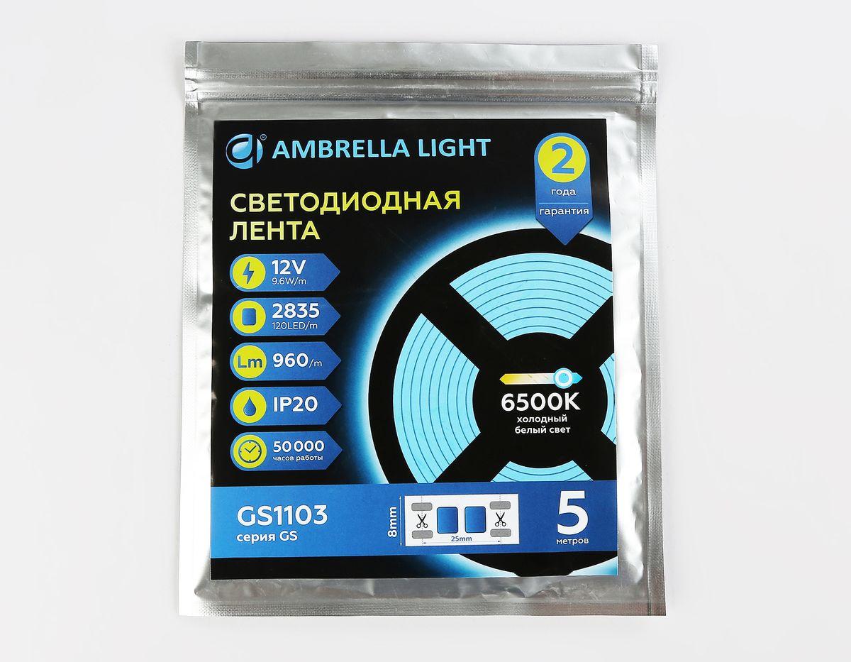 фото светодиодная лента холодный белый ambrella light 9,6w/m 120led/m 2835smd 6500к 5m gs1103 | 220svet.ru