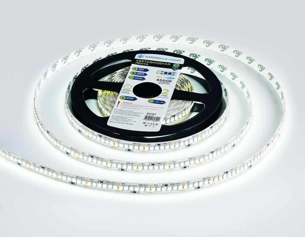 фото светодиодная лента холодный белый ambrella light 17w/m 240led/m 2835smd 6500к 5m gs1403 | 220svet.ru