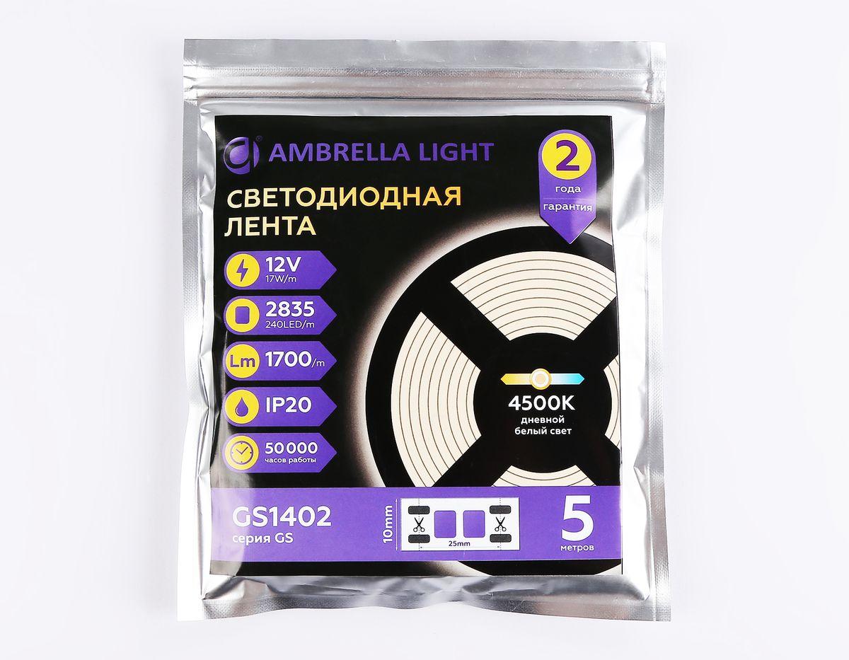 фото светодиодная лента дневной белый ambrella light 17w/m 240led/m 2835smd 4500к 5m gs1402 | 220svet.ru