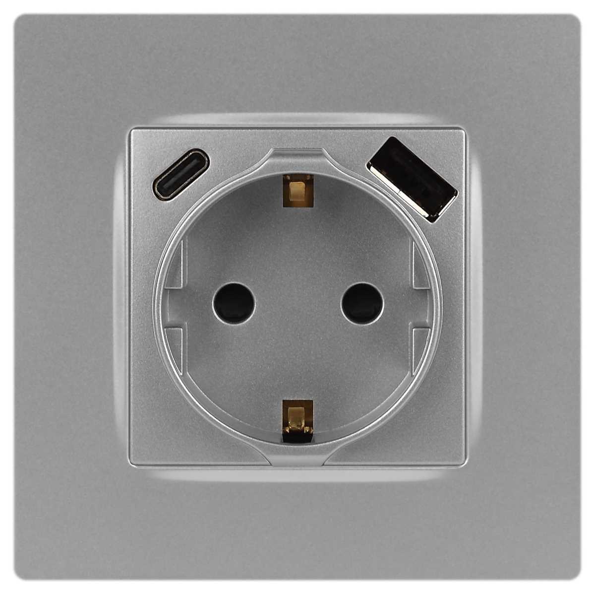 фото розетка эра серия 12 12-4108-03 2p+e 16a-250в со шторками с usb type-a+c 5в-3а алюминий б0067716 | 220svet.ru